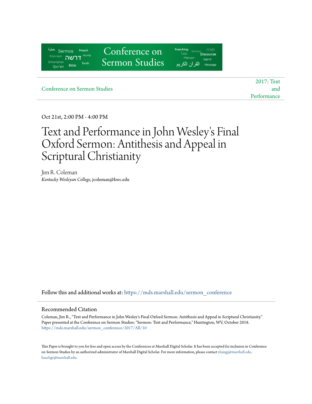 Text and Performance in John Wesley's Final Oxford Sermon: Antithesis and Appeal in Scriptural Christianity Jim R