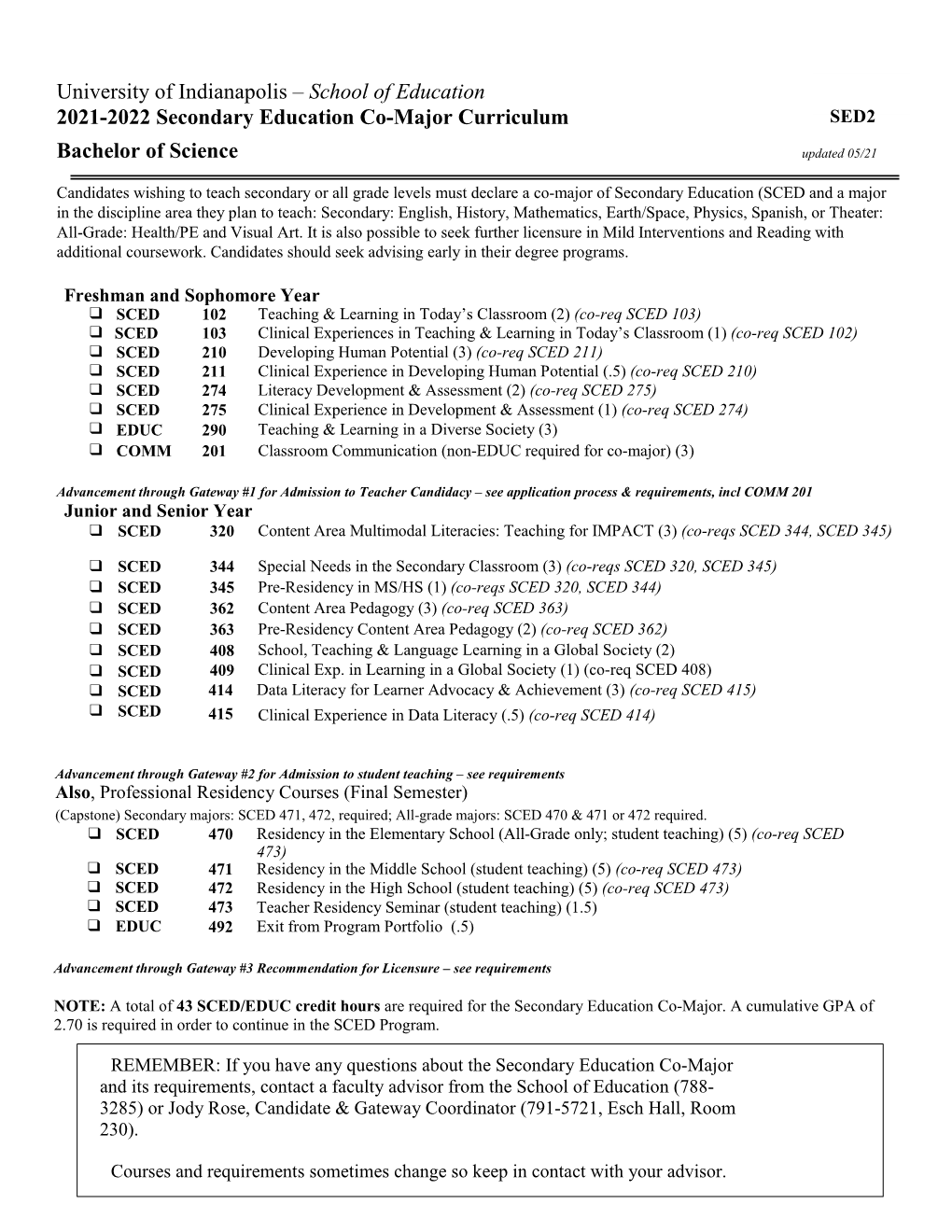 Secondary Education Co-Major Curriculum [SED2]