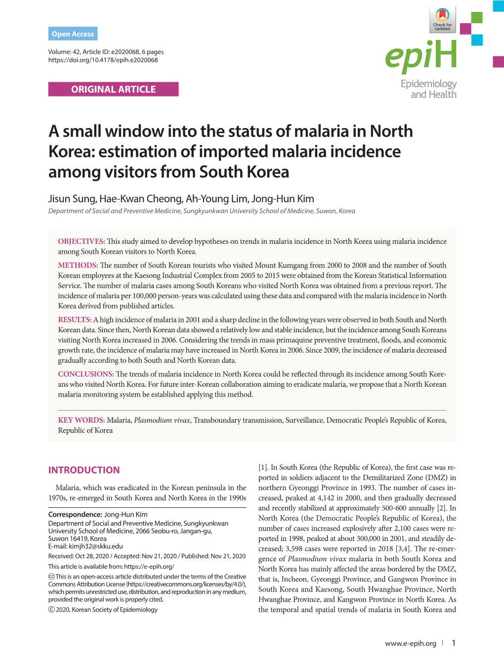 A Small Window Into the Status of Malaria in North Korea: Estimation of Imported Malaria Incidence Among Visitors from South Korea