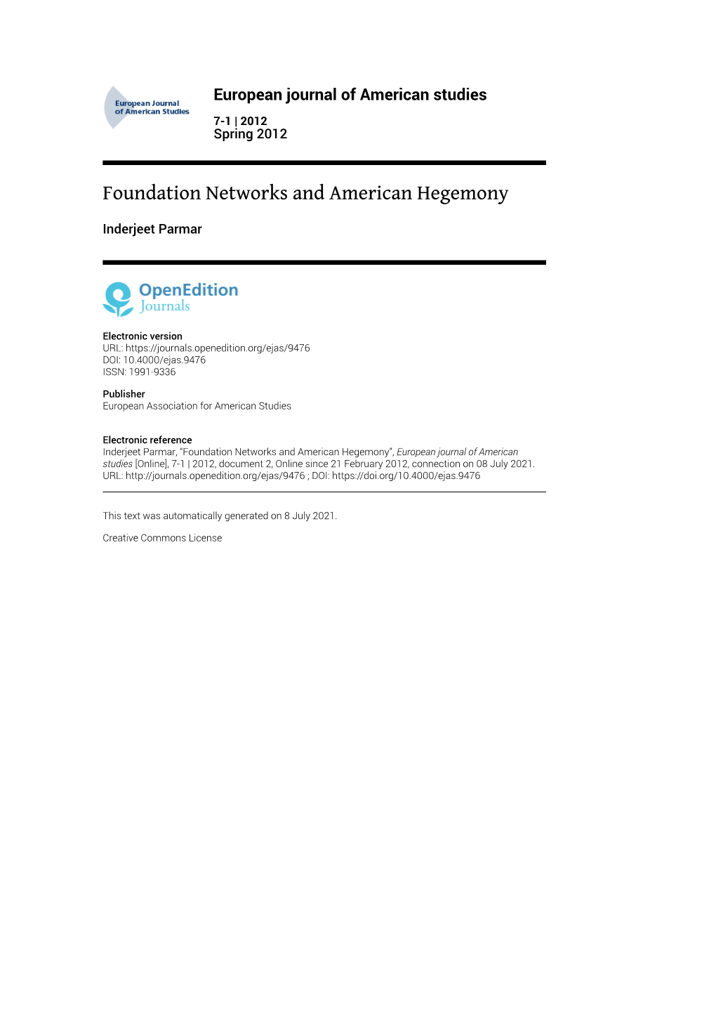 European Journal of American Studies, 7-1 | 2012 Foundation Networks and American Hegemony 2