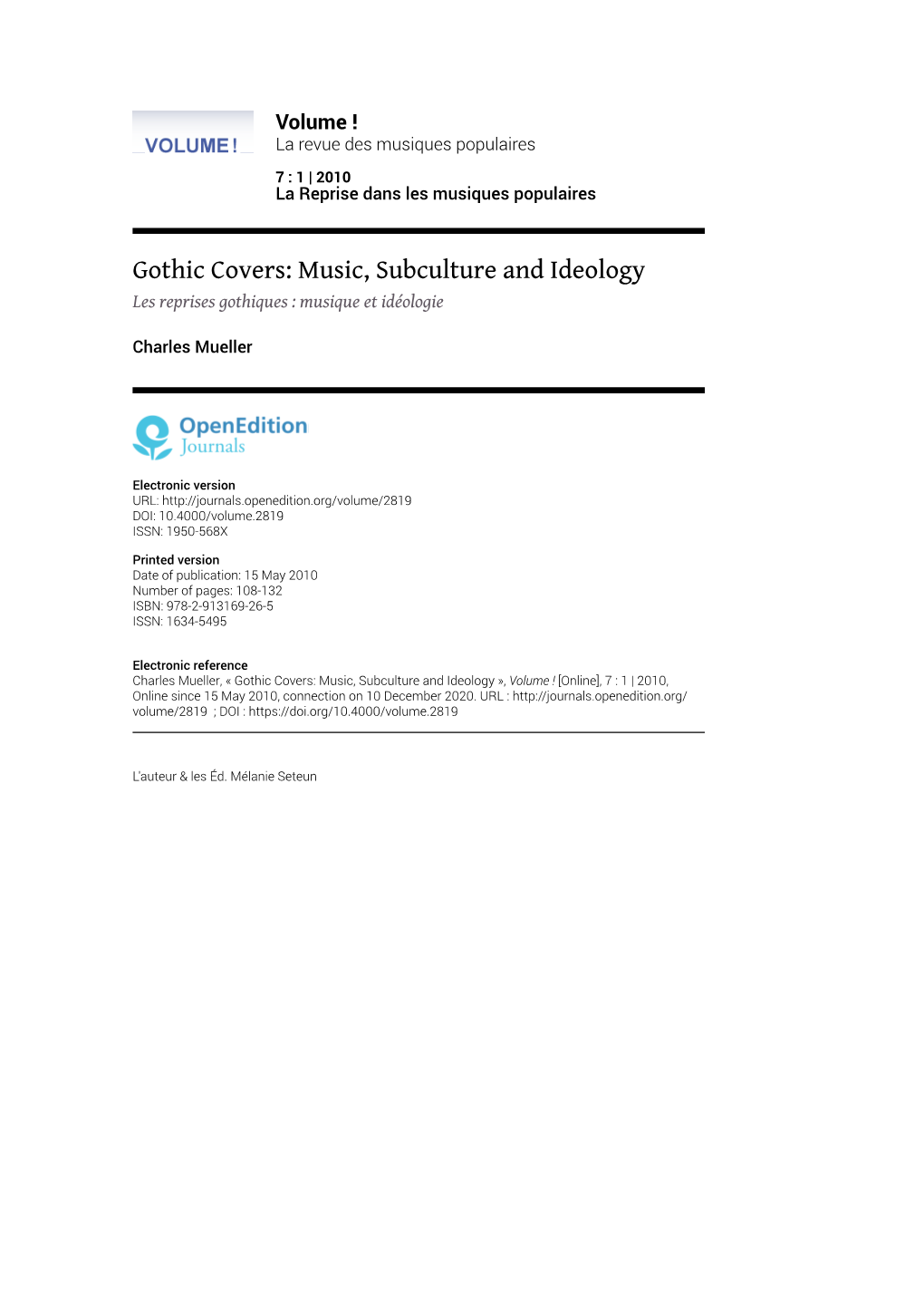 Gothic Covers: Music, Subculture and Ideology Les Reprises Gothiques : Musique Et Idéologie