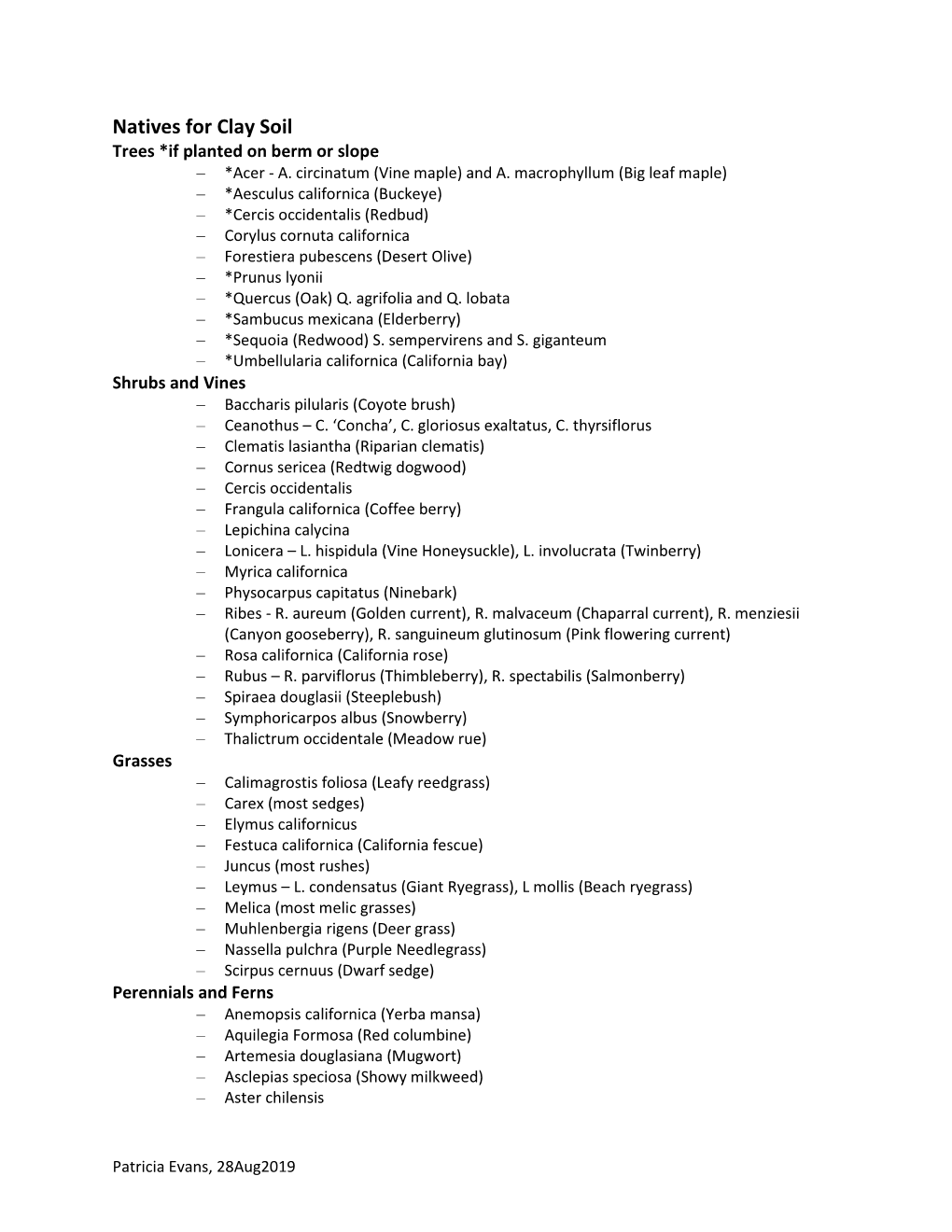 Plant List of Natives for Clay Soil