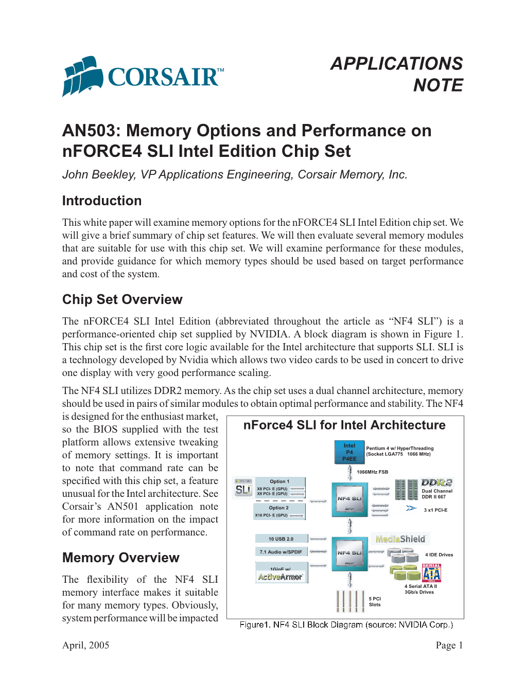 Memory Options and Performance on Nforce4 SLI Intel Edition Chip Set John Beekley, VP Applications Engineering, Corsair Memory, Inc