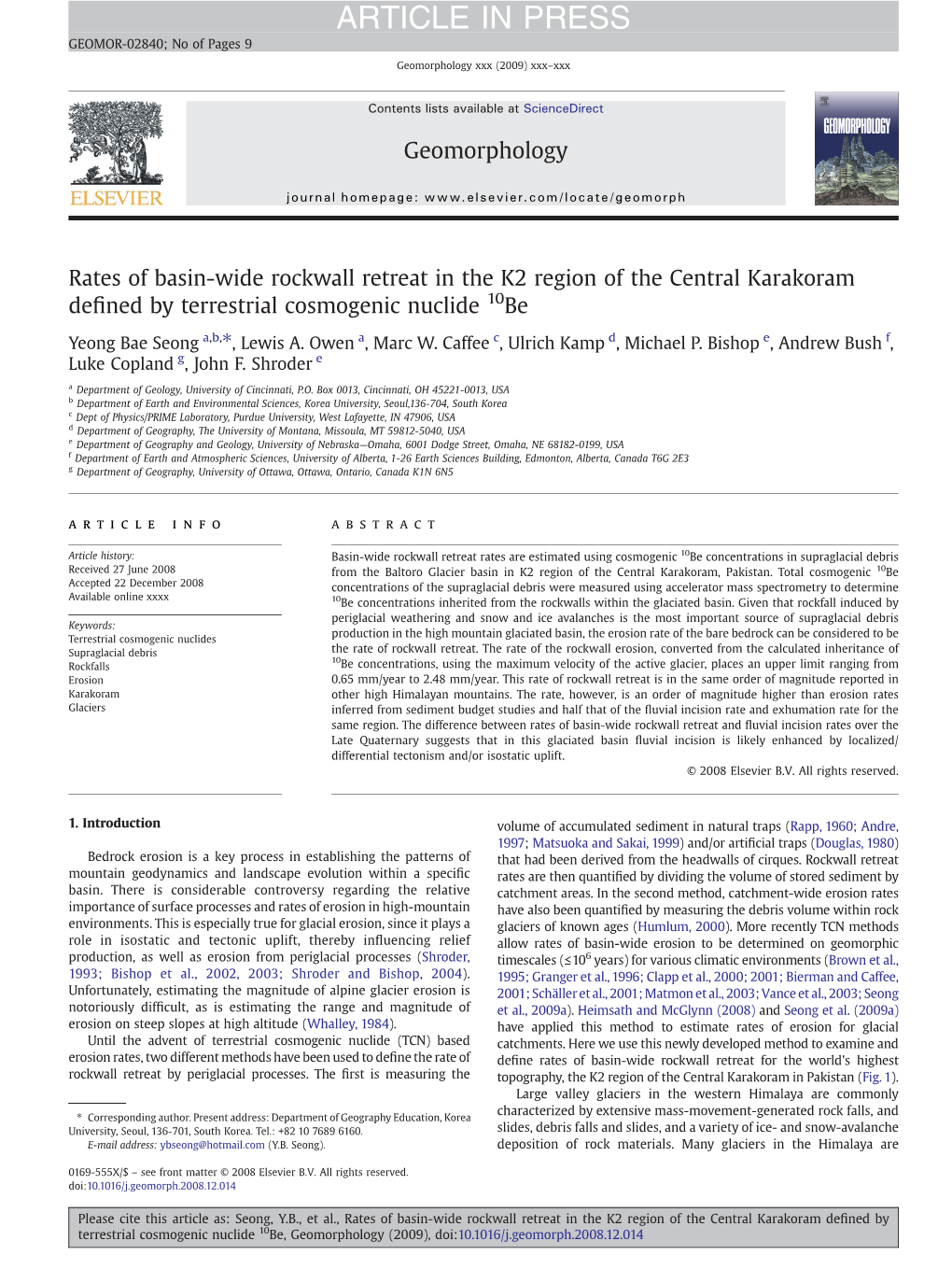 Rates of Basin-Wide Rockwall Retreat in the K2 Region of the Central Karakoram Deﬁned by Terrestrial Cosmogenic Nuclide 10Be