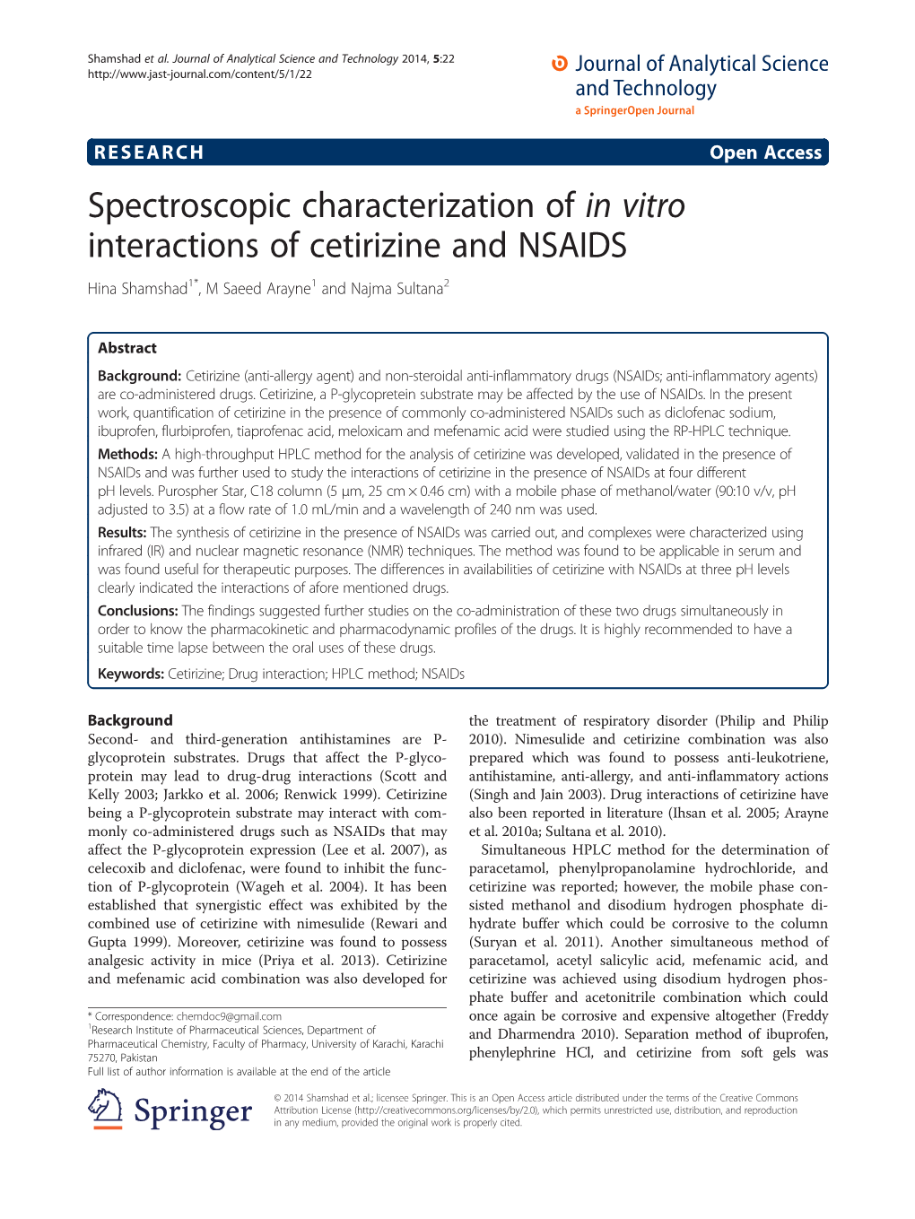 Spectroscopic Characterization of in Vitro Interactions of Cetirizine and NSAIDS Hina Shamshad1*, M Saeed Arayne1 and Najma Sultana2