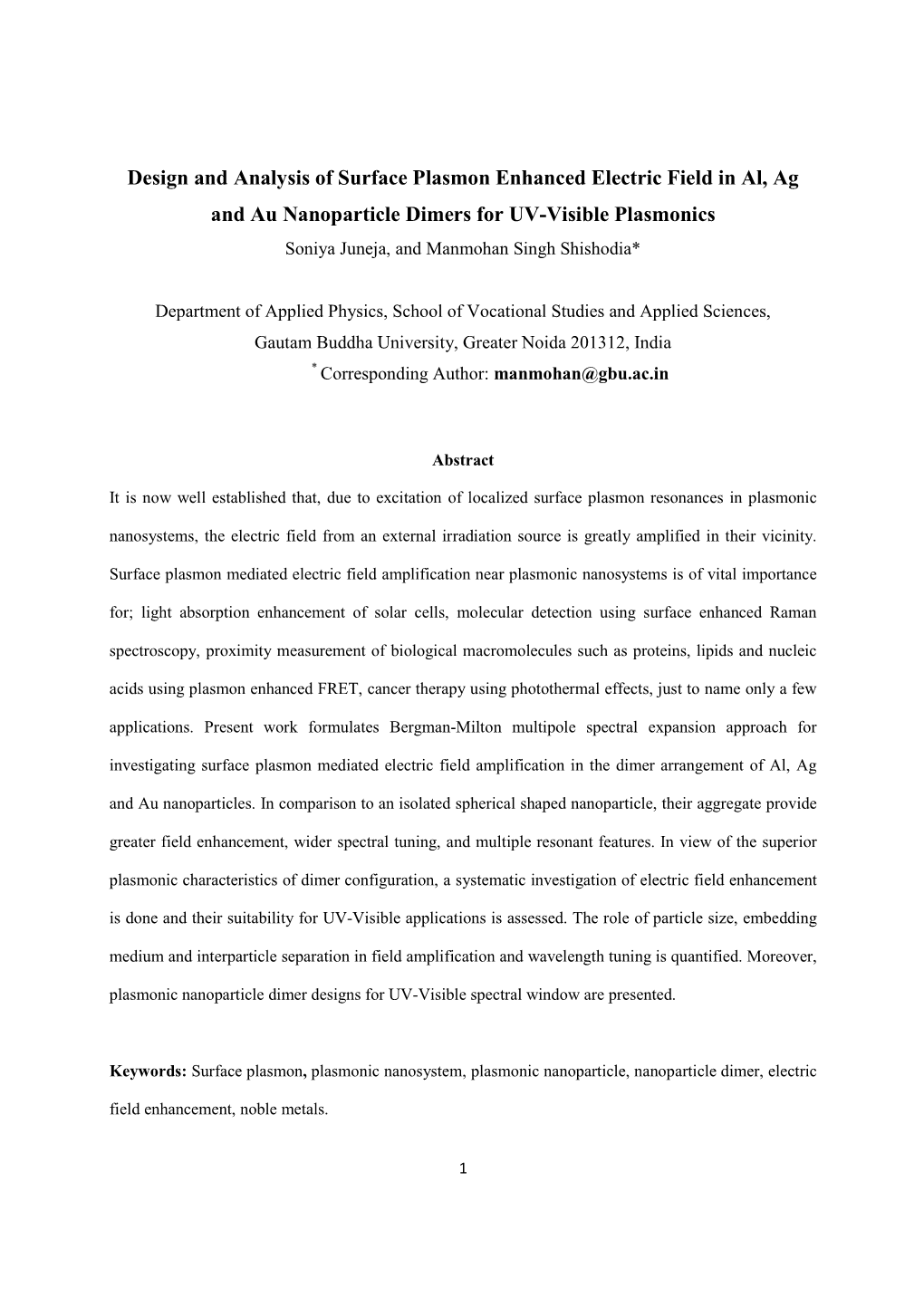 Nanoparticle Dimers for UV-Visible Plasmonics July07 2017