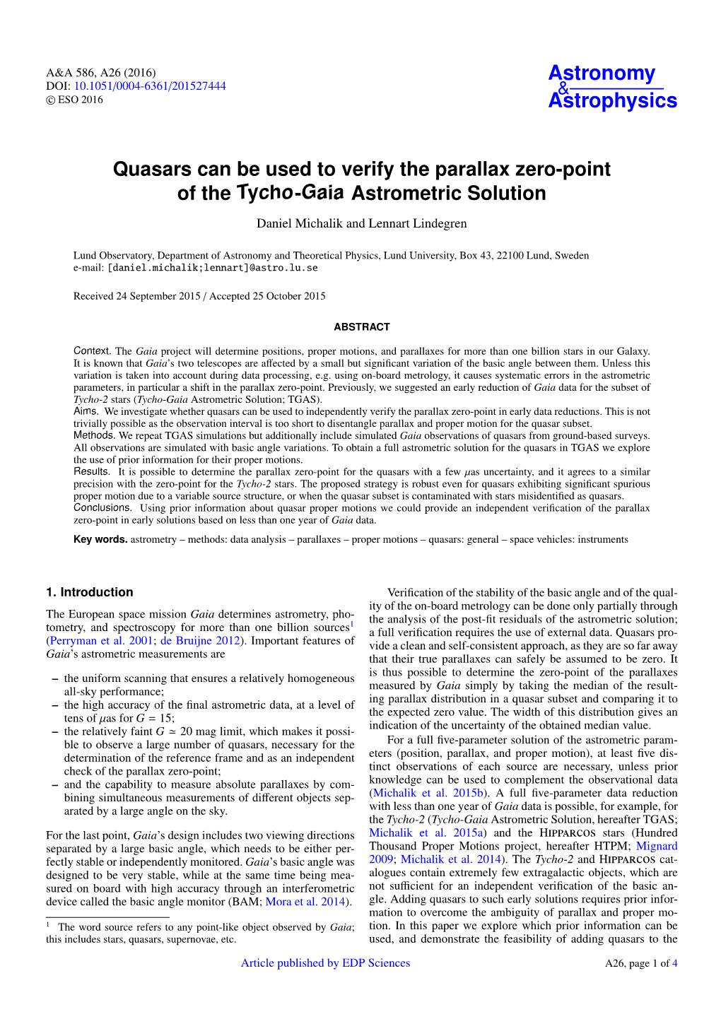 Quasars Can Be Used to Verify the Parallax Zero-Point of the Tycho-Gaia Astrometric Solution Daniel Michalik and Lennart Lindegren