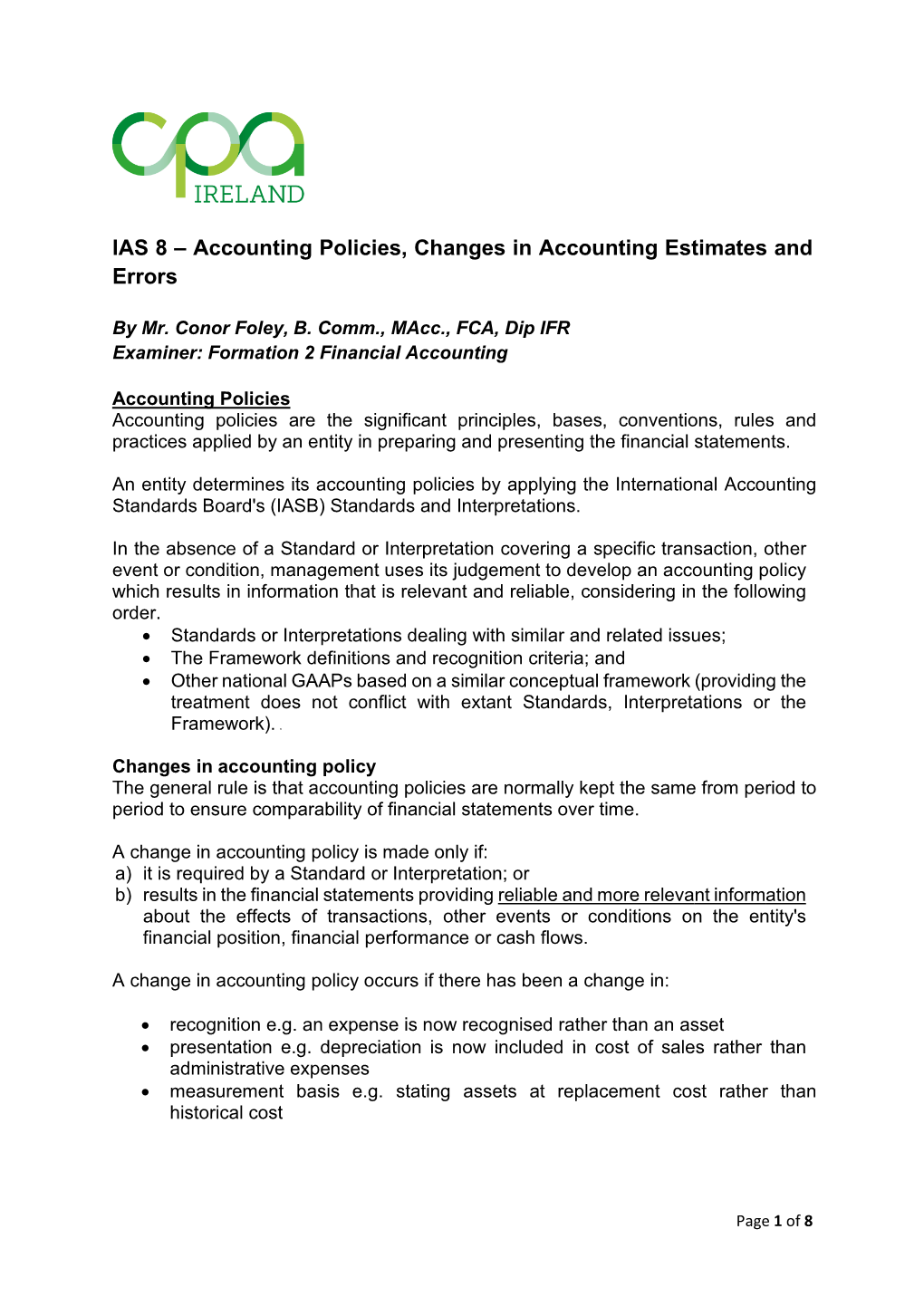 IAS 8 – Accounting Policies, Changes in Accounting Estimates and Errors
