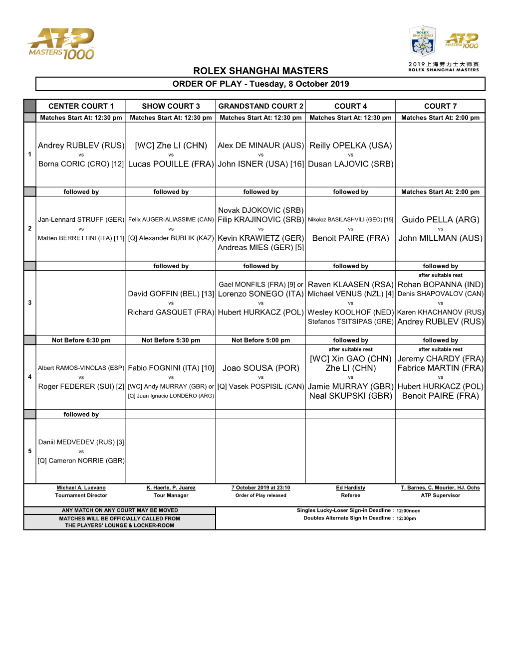 ROLEX SHANGHAI MASTERS ORDER of PLAY - Tuesday, 8 October 2019