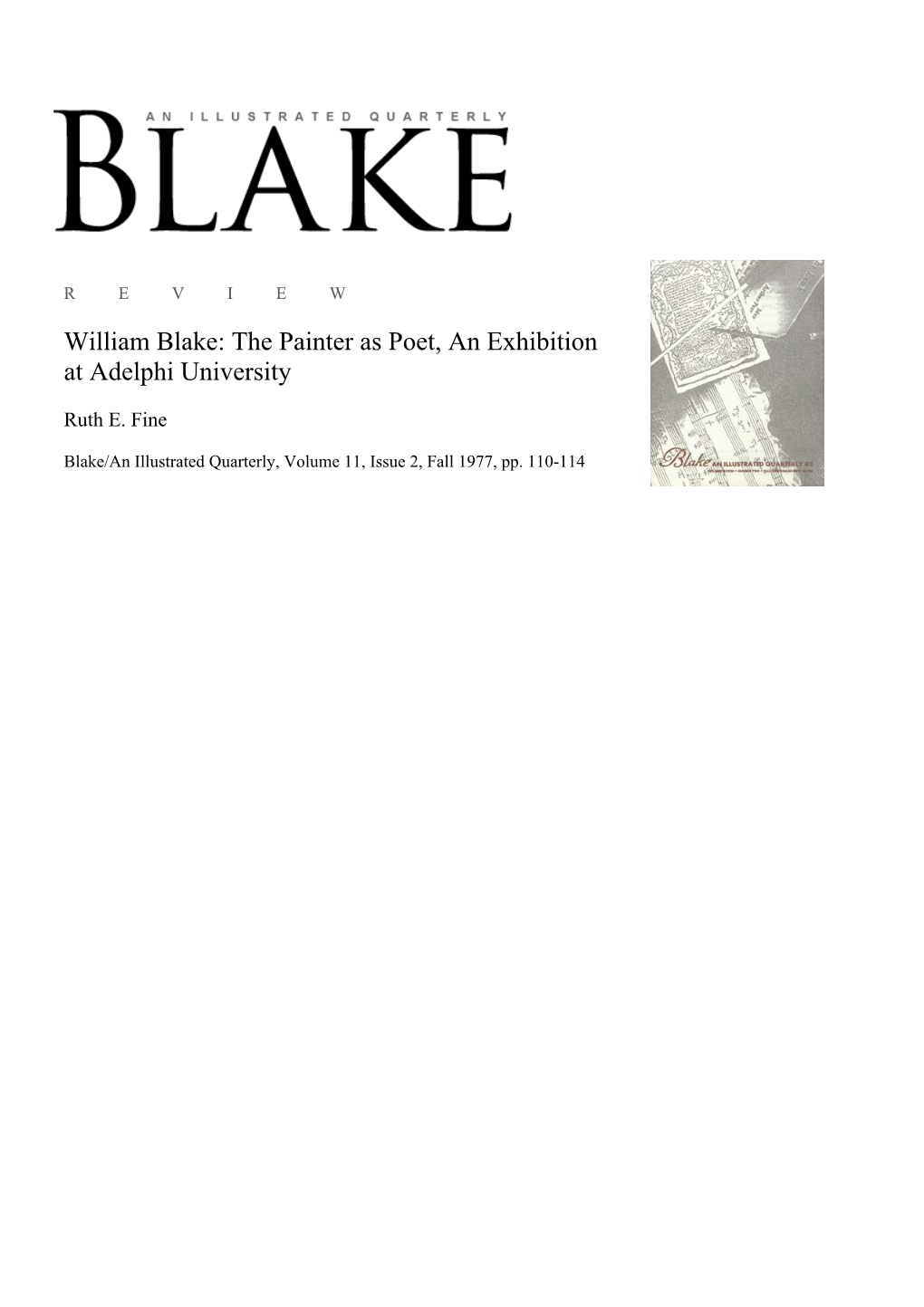 William Blake: the Painter As Poet, an Exhibition at Adelphi University