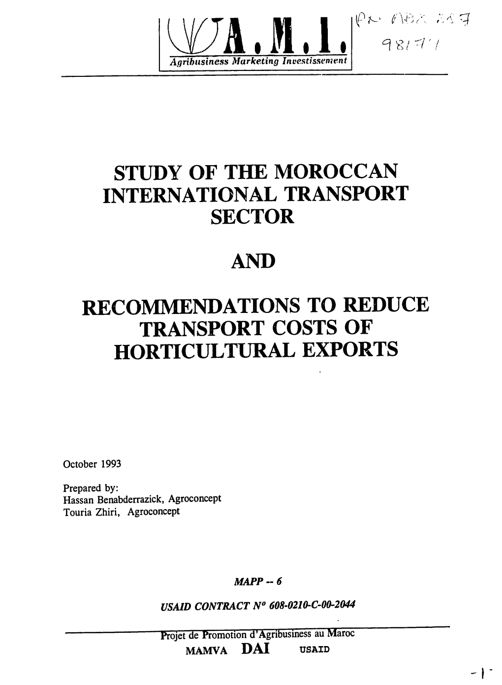 And Recommendations to Reduce Transport Costs Of
