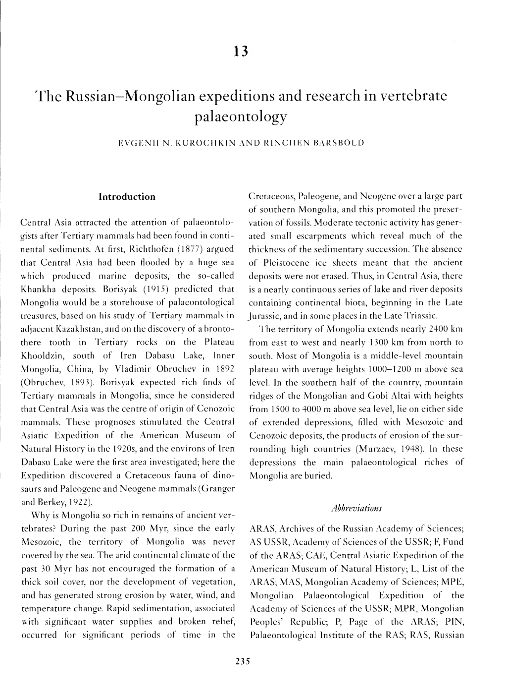 The Russian-Mongolian Expeditions and Research in Vertebrate Palaeontology