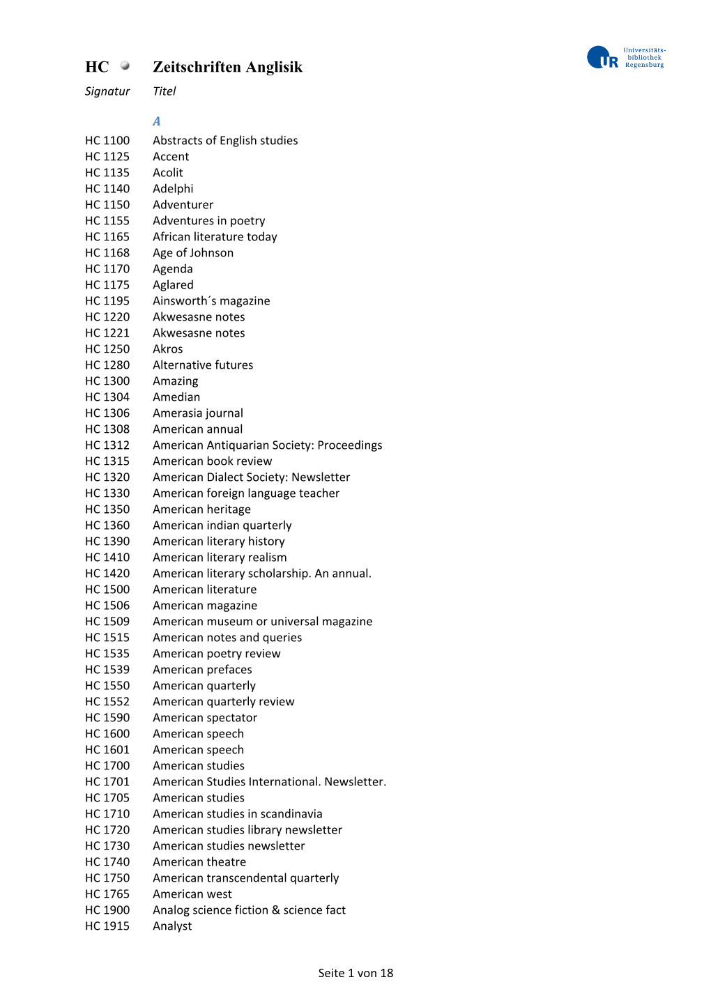 HC Zeitschriften Anglisik Signatur Titel