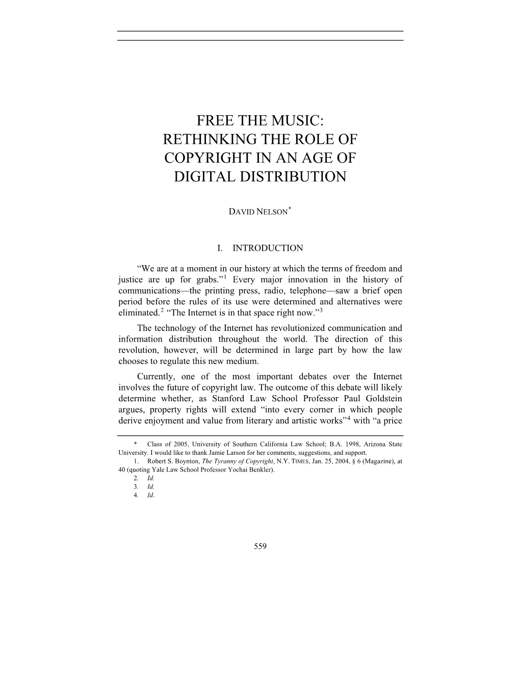 Free the Music: Rethinking the Role of Copyright in an Age of Digital Distribution