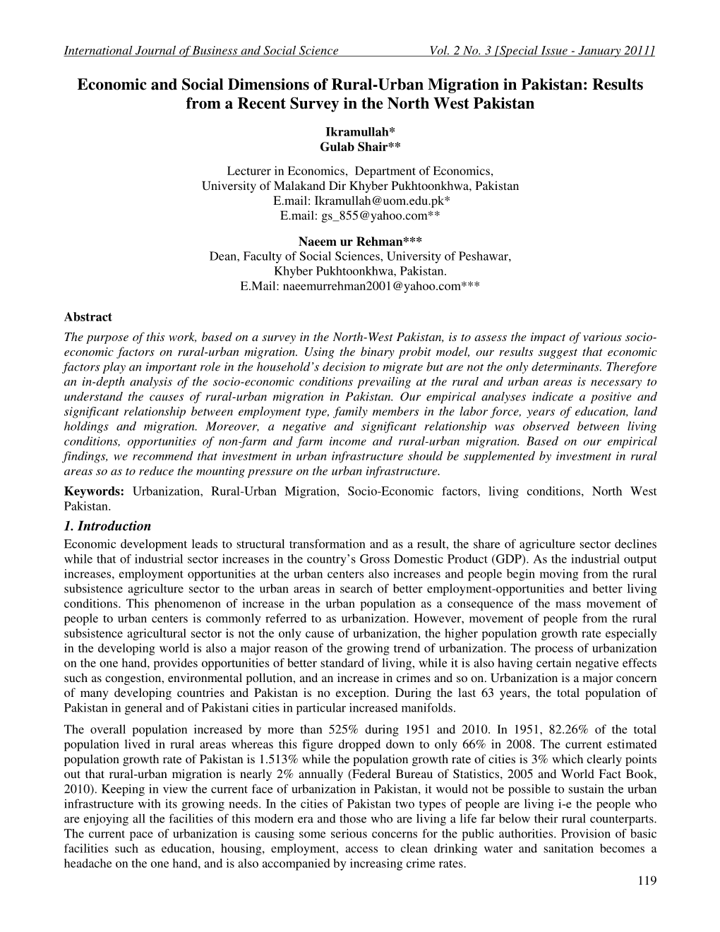 Economic and Social Dimensions of Rural-Urban Migration in Pakistan: Results from a Recent Survey in the North West Pakistan