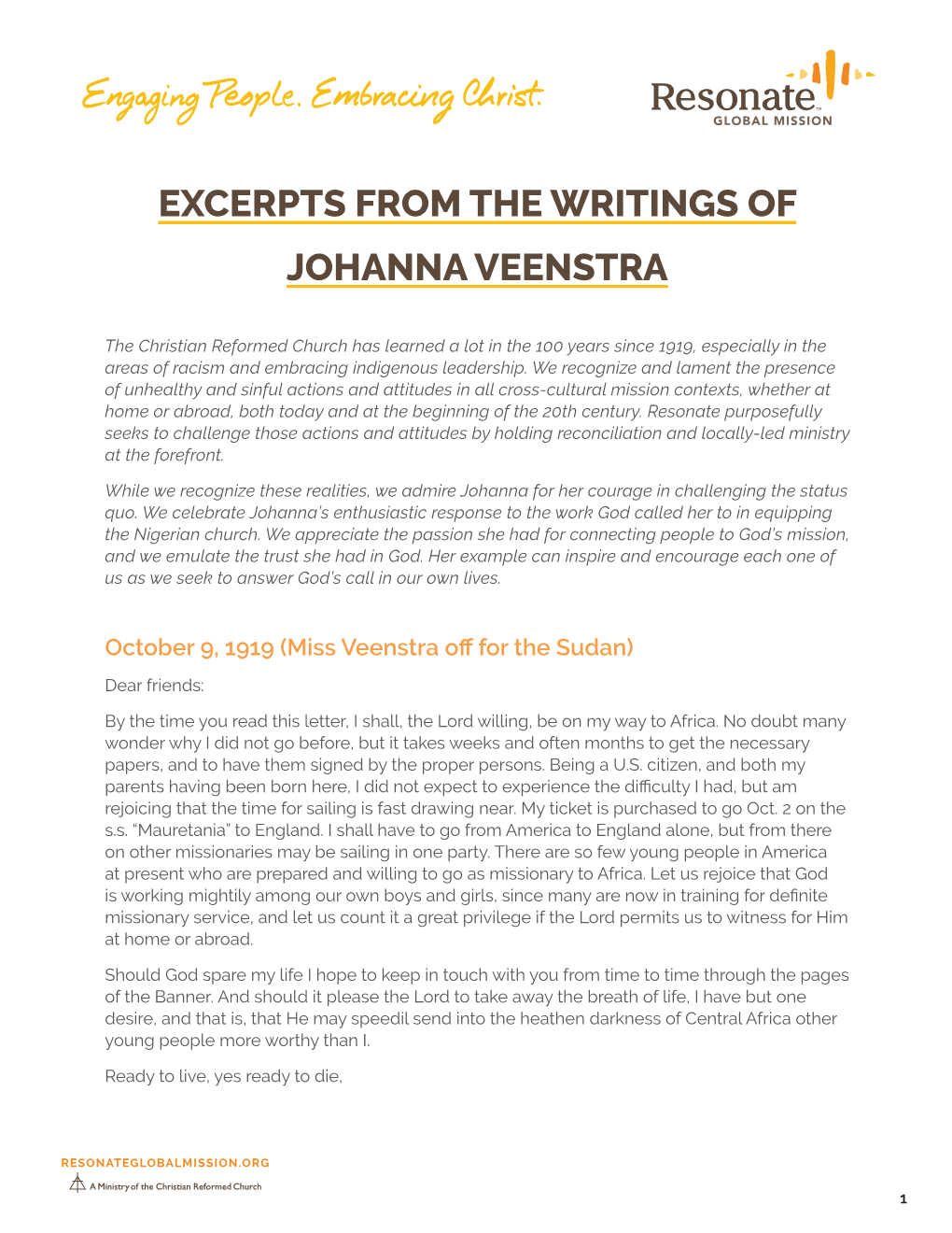 Excerpts from the Writings of Johanna Veenstra