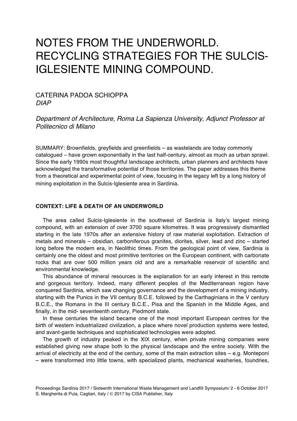 Notes from the Underworld. Recycling Strategies for the Sulcis- Iglesiente Mining Compound