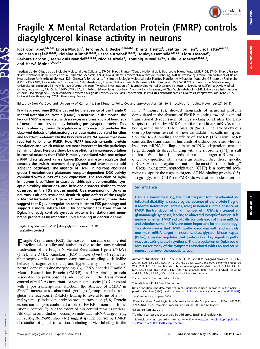 Fragile X Mental Retardation Protein (FMRP) Controls Diacylglycerol Kinase Activity in Neurons