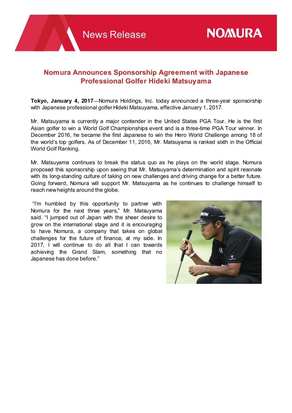 Nomura Announces Sponsorship Agreement with Japanese Professional Golfer Hideki Matsuyama