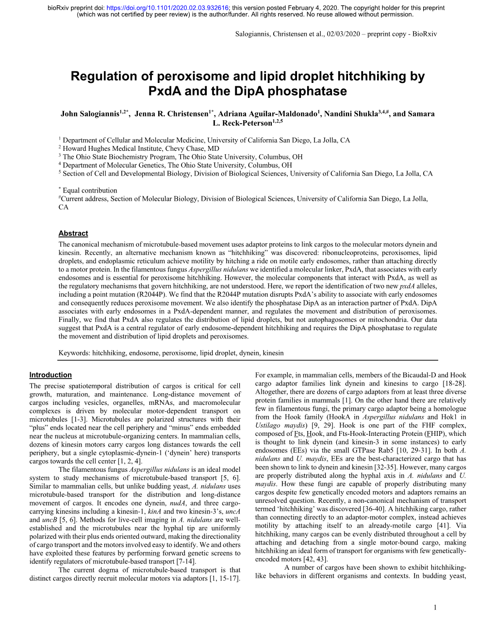 Regulation of Peroxisome and Lipid Droplet Hitchhiking by Pxda and the Dipa Phosphatase