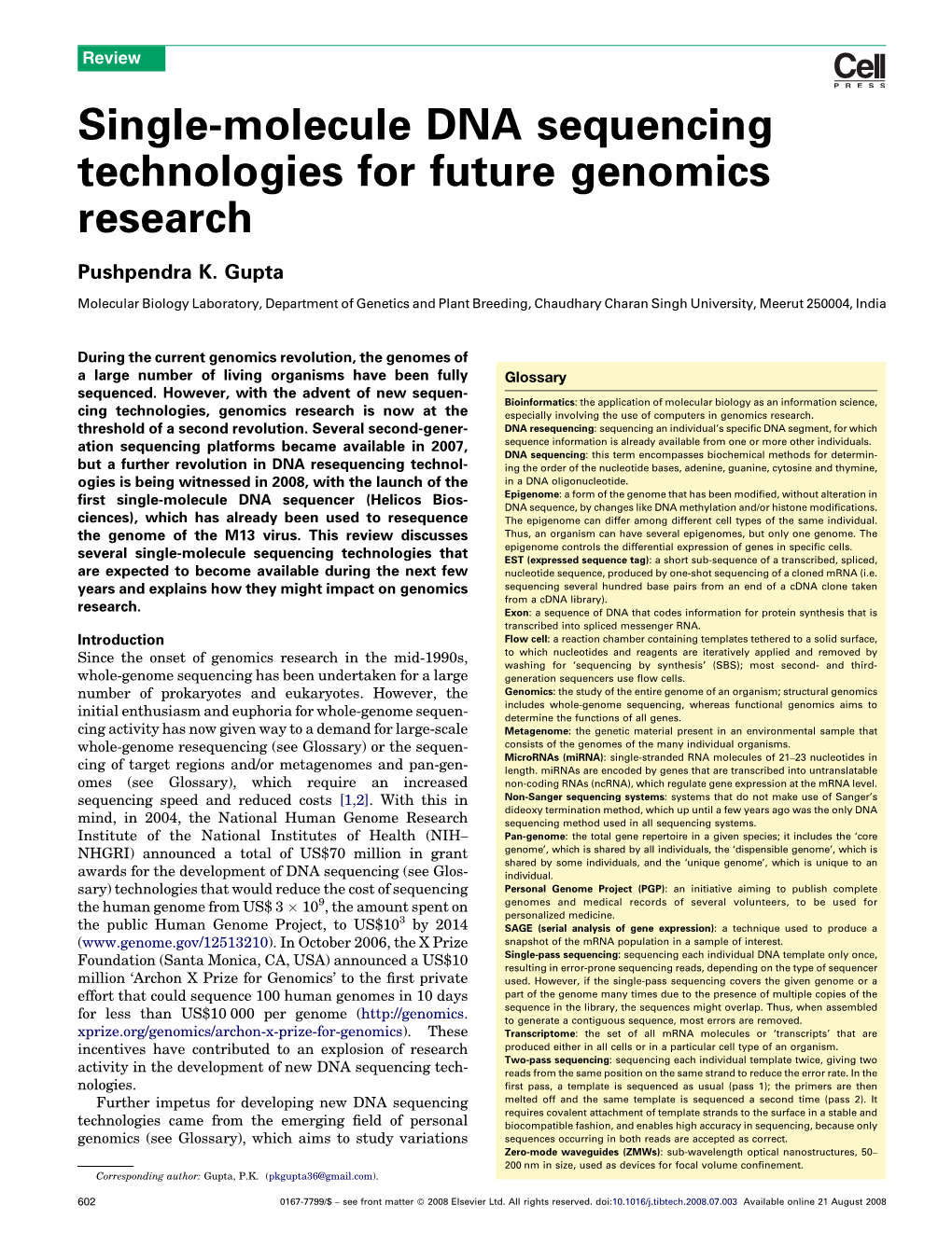 Single-Molecule DNA Sequencing Technologies for Future Genomics Research