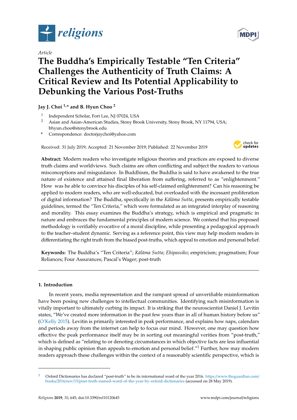 The Buddha's Empirically Testable “Ten Criteria” Challenges the Authenticity of Truth Claims: a Critical Review and Its Potential Applicability to Debunking the Various Post-Truths