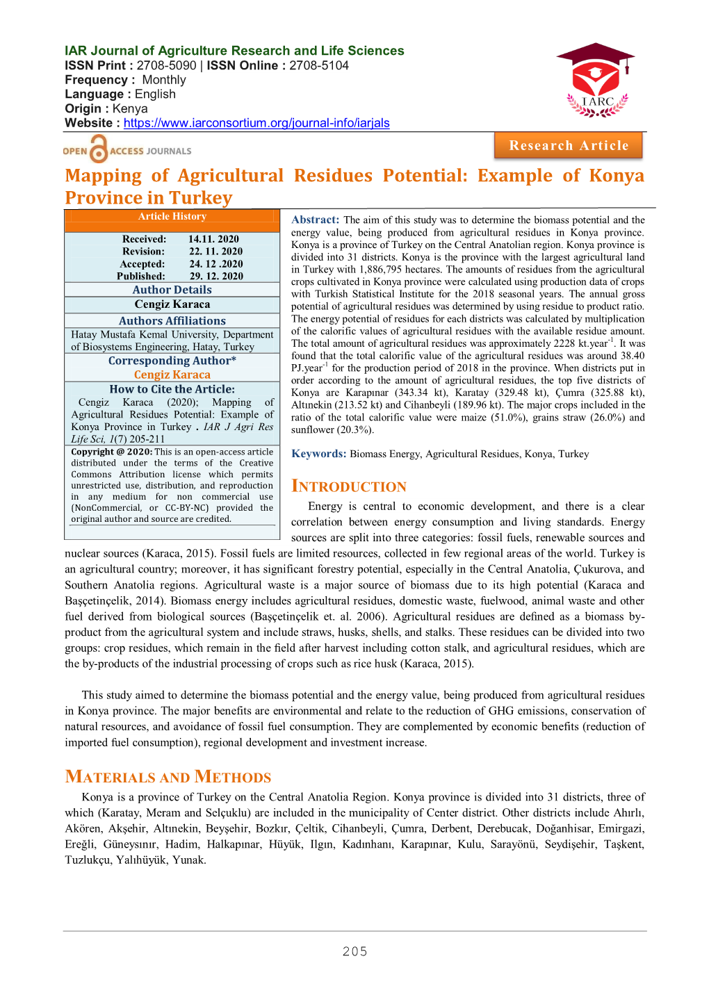 Mapping of Agricultural Residues Potential: Example of Konya Province in Turkey