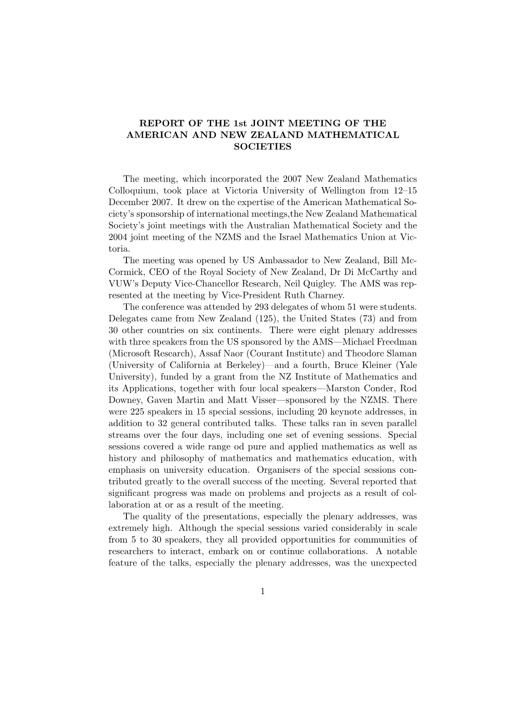 REPORT of the 1St JOINT MEETING of the AMERICAN and NEW ZEALAND MATHEMATICAL SOCIETIES
