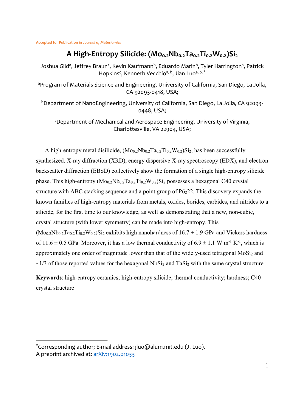 A High-Entropy Silicide: (Mo0.2Nb0.2Ta0.2Ti0.2W0.2)