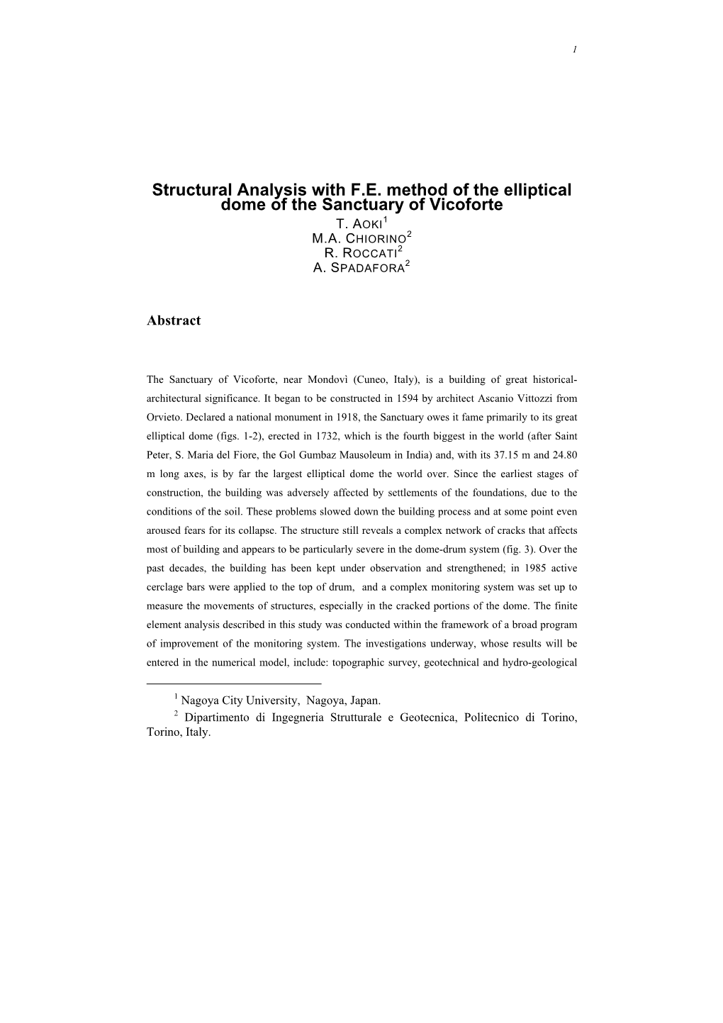 Structural Analysis with F.E. Method of the Elliptical Dome of the Sanctuary of Vicoforte T