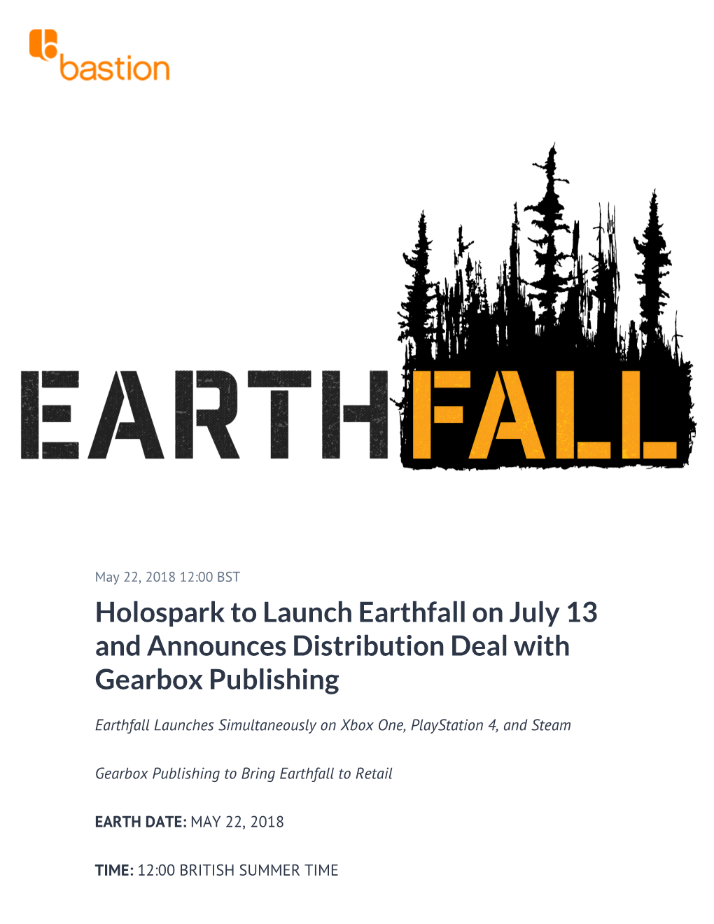 Holospark to Launch Earthfall on July 13 and Announces Distribution Deal with Gearbox Publishing