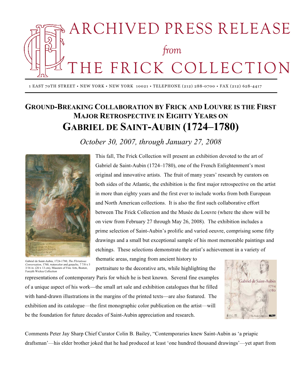 PRESS RELEASE from the FRICK COLLECTION