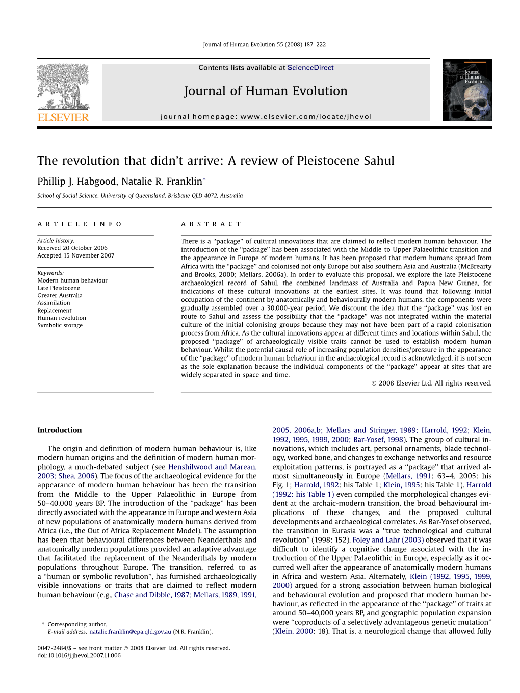 The Revolution That Didn't Arrive: a Review of Pleistocene Sahul Journal of Human Evolution Journal of Human Evolution