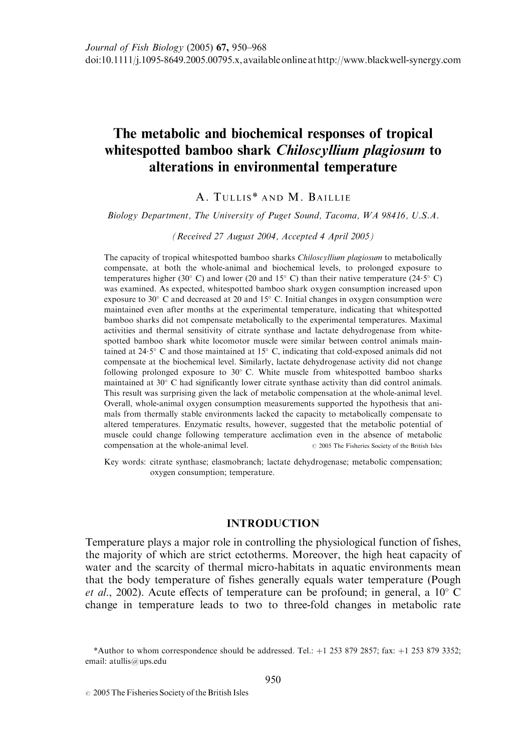 The Metabolic and Biochemical Responses of Tropical Whitespotted Bamboo Shark Chiloscyllium Plagiosum to Alterations in Environmental Temperature