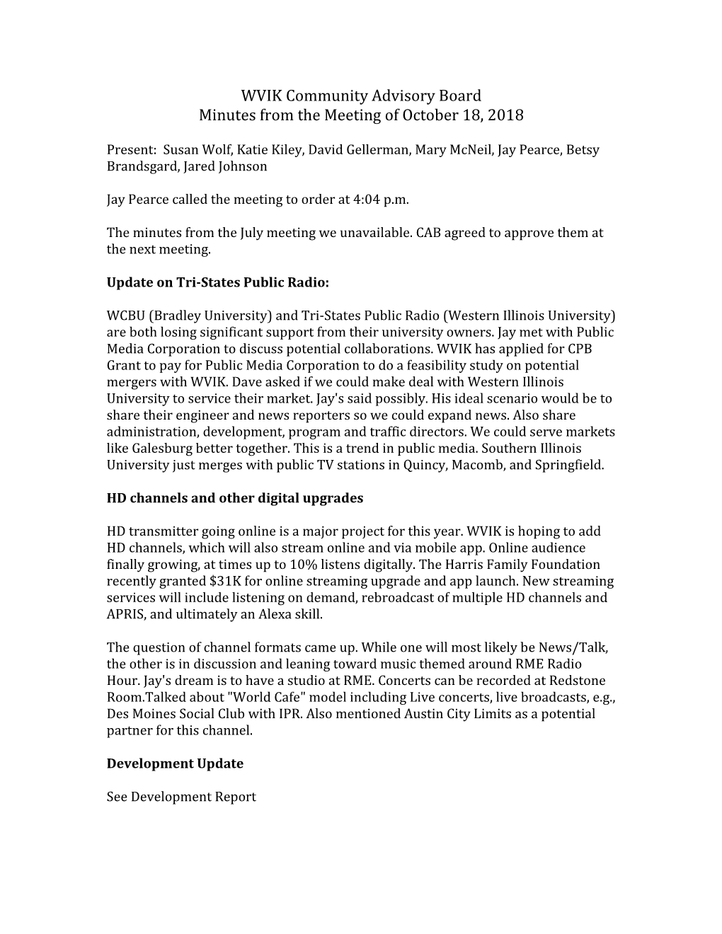 WVIK Community Advisory Board Minutes from the Meeting of October 18, 2018