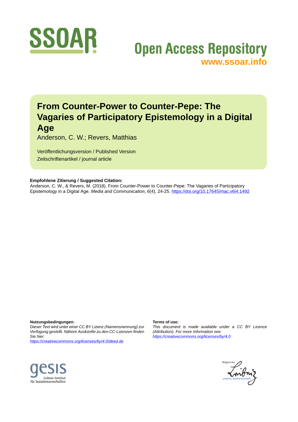 The Vagaries of Participatory Epistemology in a Digital Age Anderson, C