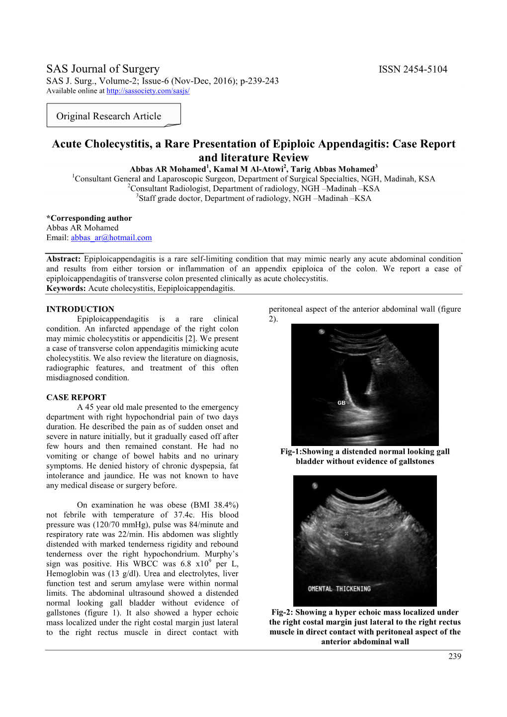 SAS Journal of Surgery Acute Cholecystitis, A