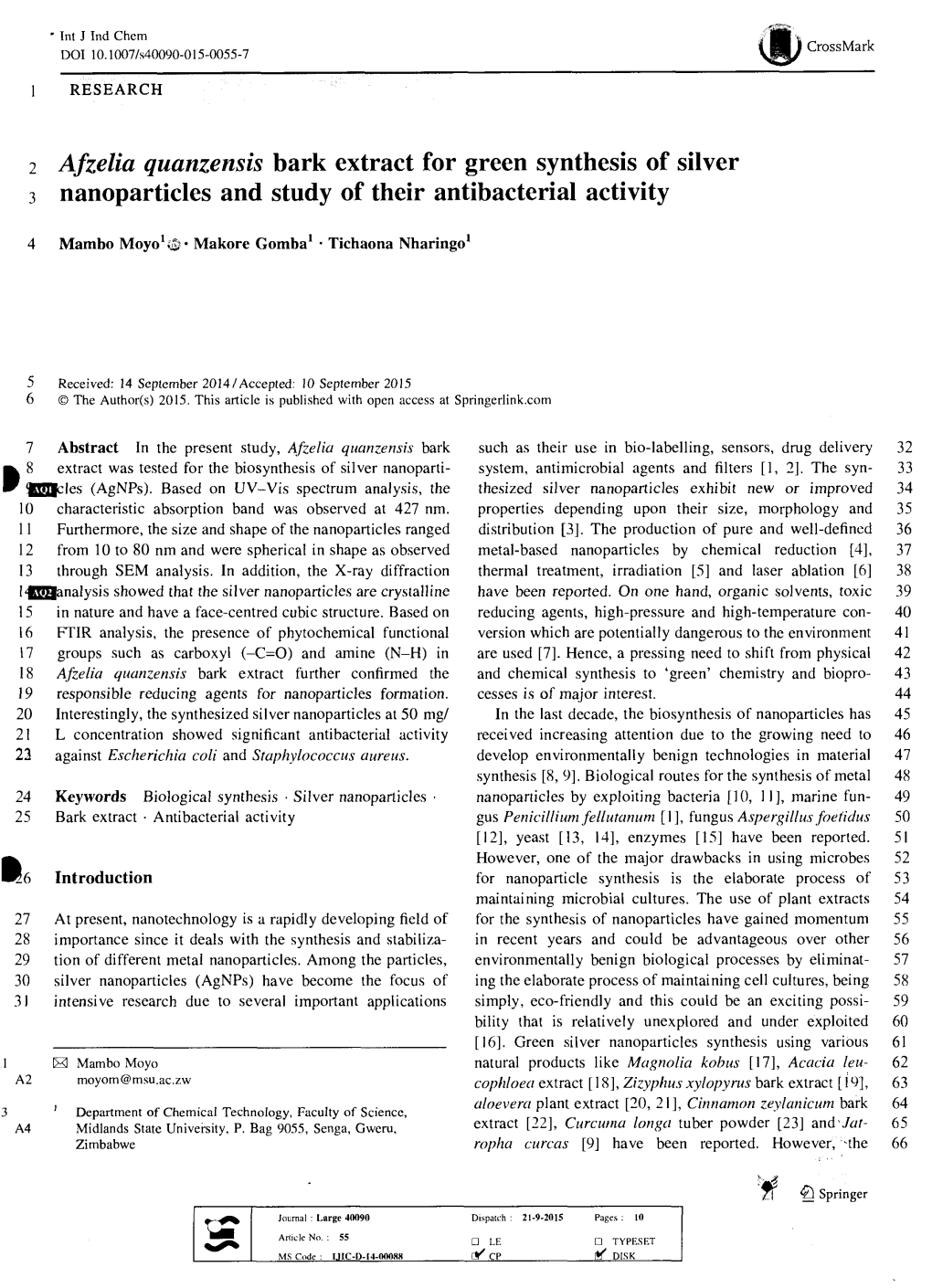 2 Afzelia Quanzensis Bark Extract for Green Synthesis of Silver 3 Nanoparticles and Study of Their Antibacterial Activity