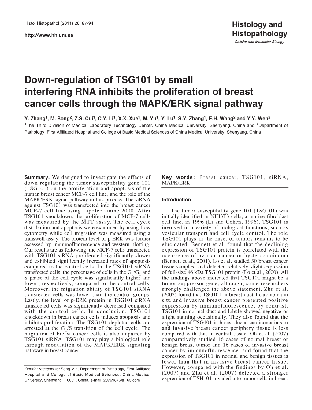 Down-Regulation of TSG101 by Small Interfering RNA Inhibits the Proliferation of Breast Cancer Cells Through the MAPK/ERK Signal Pathway Y