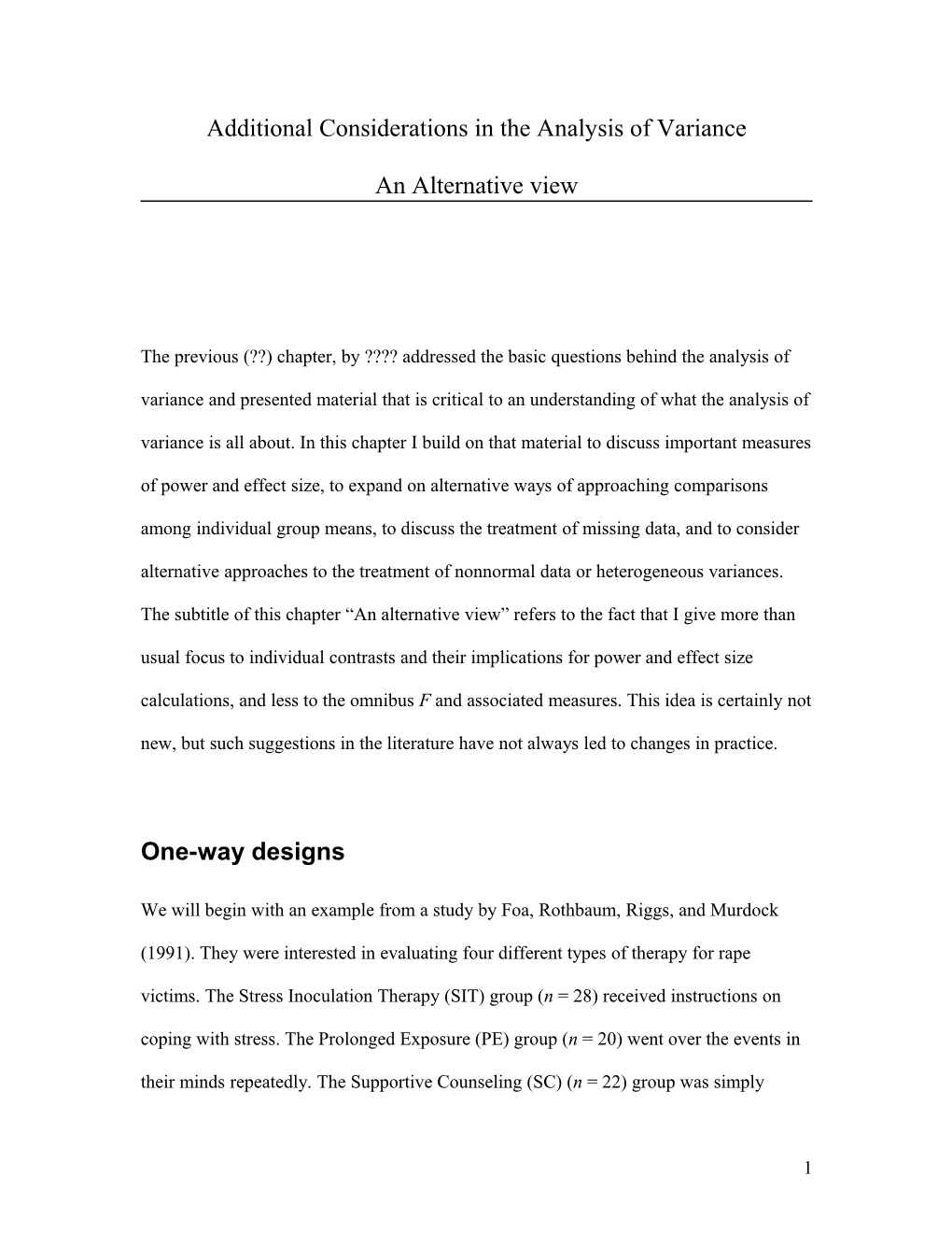 Additional Considerations In The Analysis Of Variance