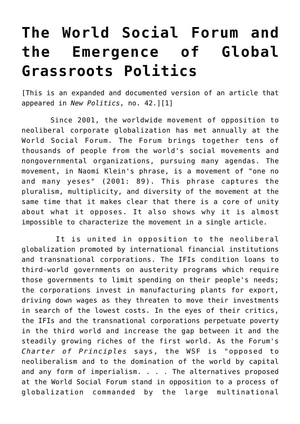 The World Social Forum and the Emergence of Global Grassroots Politics