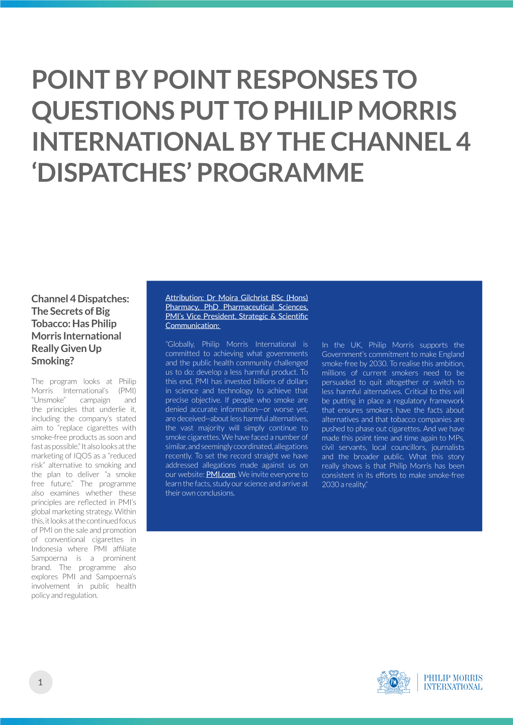 Point by Point Responses to Questions Put to Philip Morris International by the Channel 4 'Dispatches' Programme