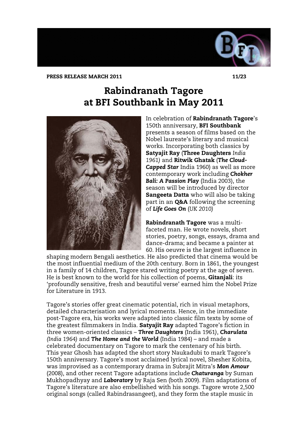 Rabindranath Tagore at BFI Southbank in May 2011