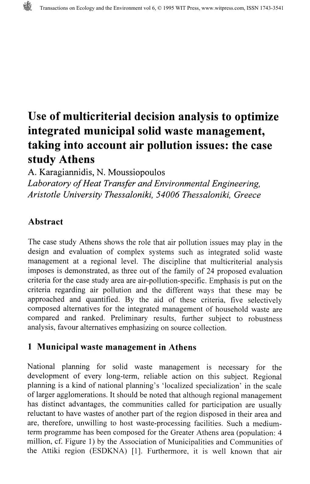 Use of Multicriterial Decision Analysis to Optimize Integrated Municipal Solid Waste Management, Taking Into Account Air Pollution Issues: the Case Study Athens
