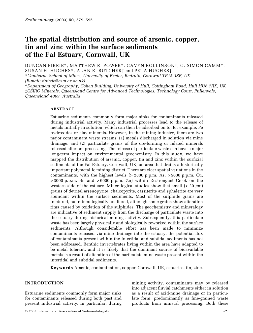 The Spatial Distribution and Source of Arsenic, Copper, Tin and Zinc Within the Surface Sediments of the Fal Estuary, Cornwall, UK