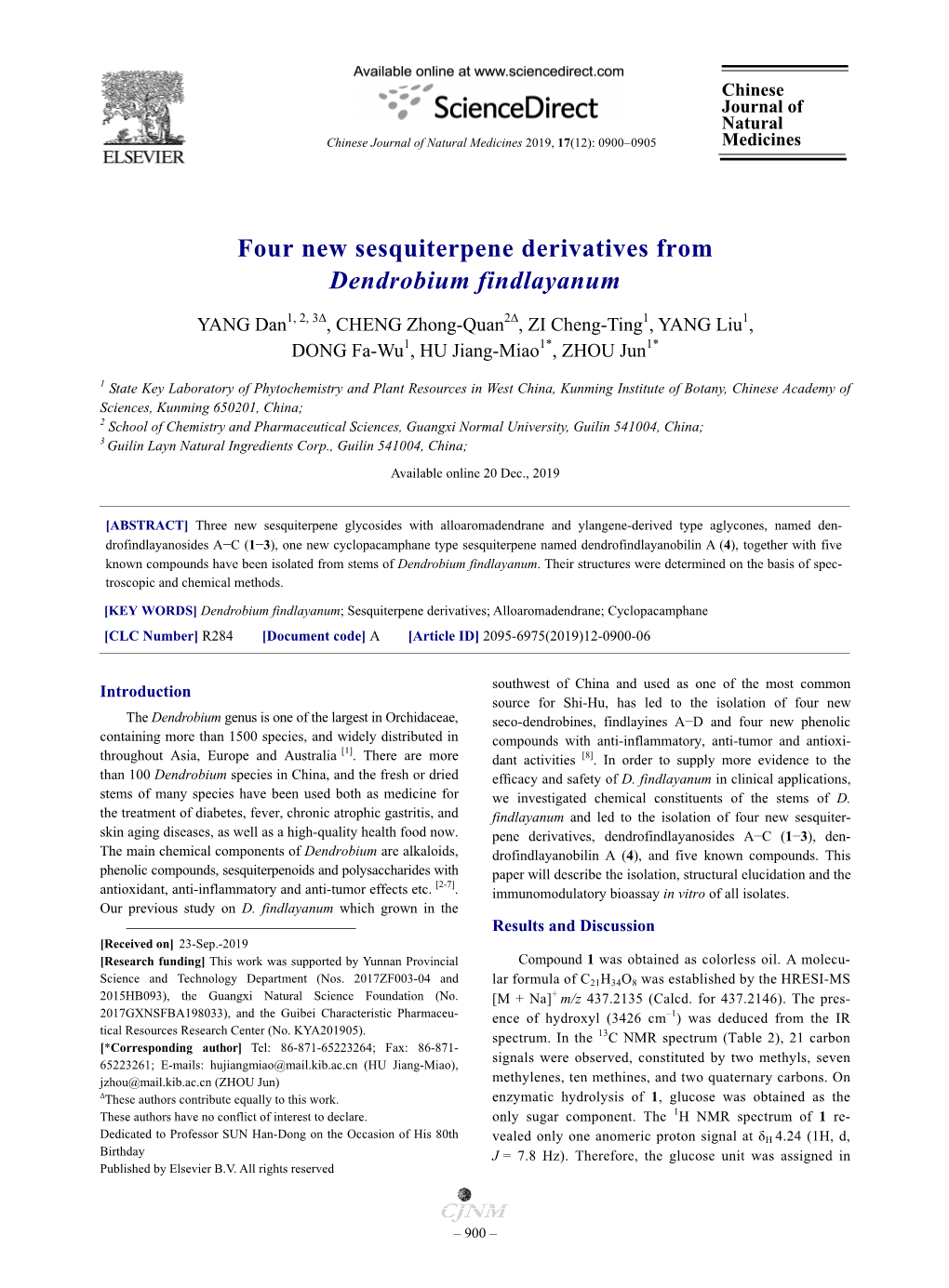 Four New Sesquiterpene Derivatives from Dendrobium Findlayanum