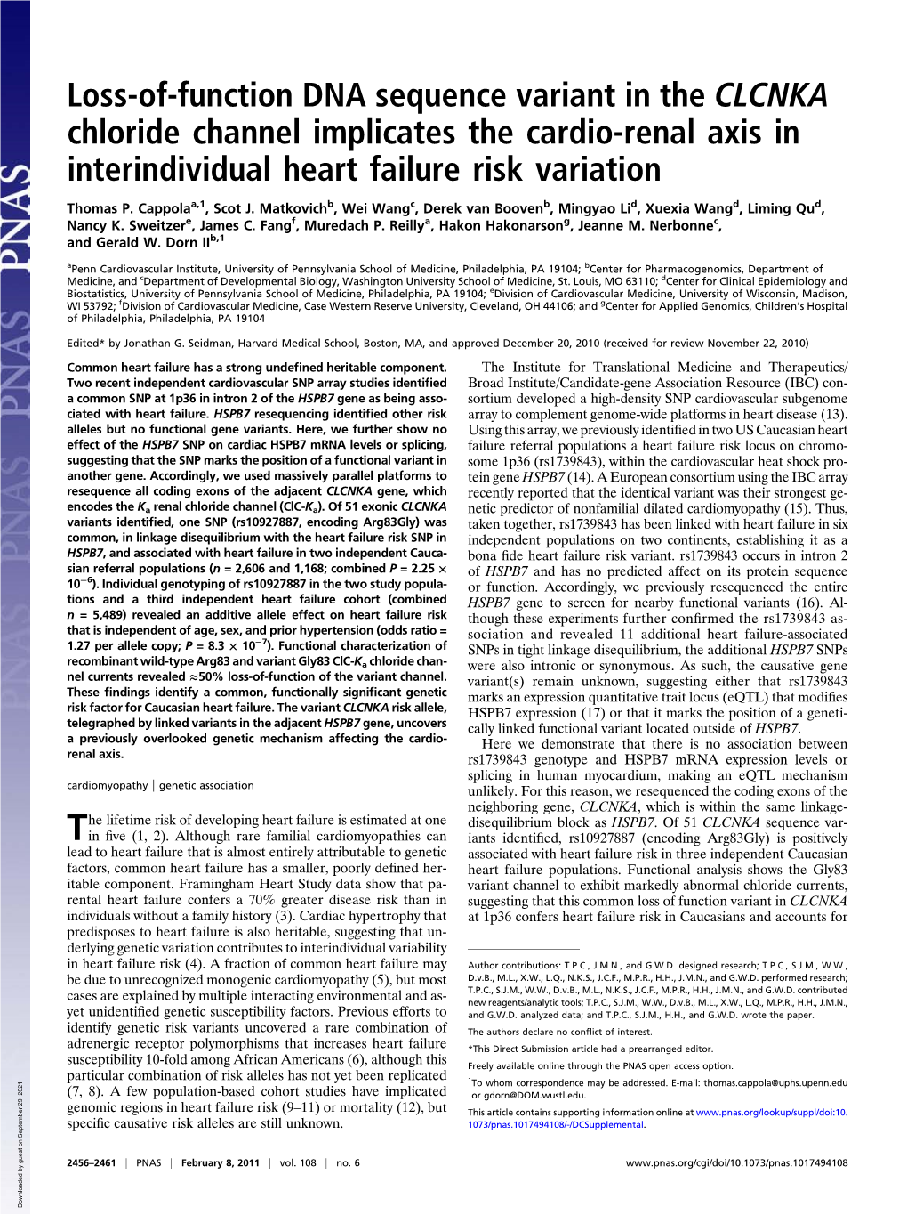 Loss-Of-Function DNA Sequence Variant in the CLCNKA Chloride Channel Implicates the Cardio-Renal Axis in Interindividual Heart Failure Risk Variation