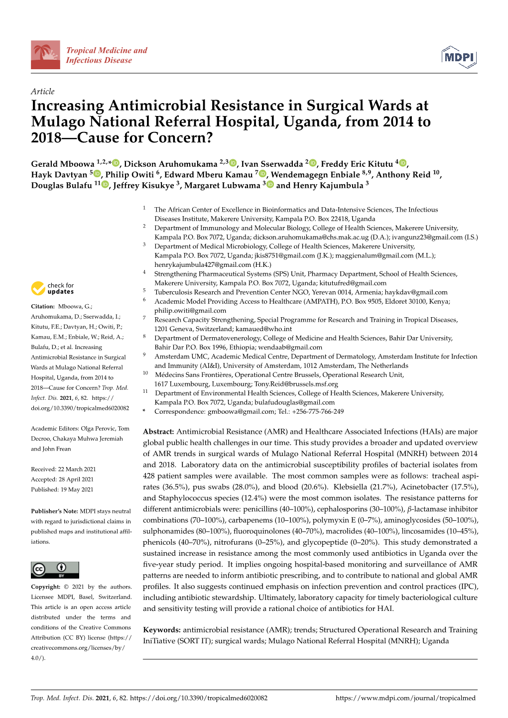 Increasing Antimicrobial Resistance in Surgical Wards at Mulago National Referral Hospital, Uganda, from 2014 to 2018—Cause for Concern?