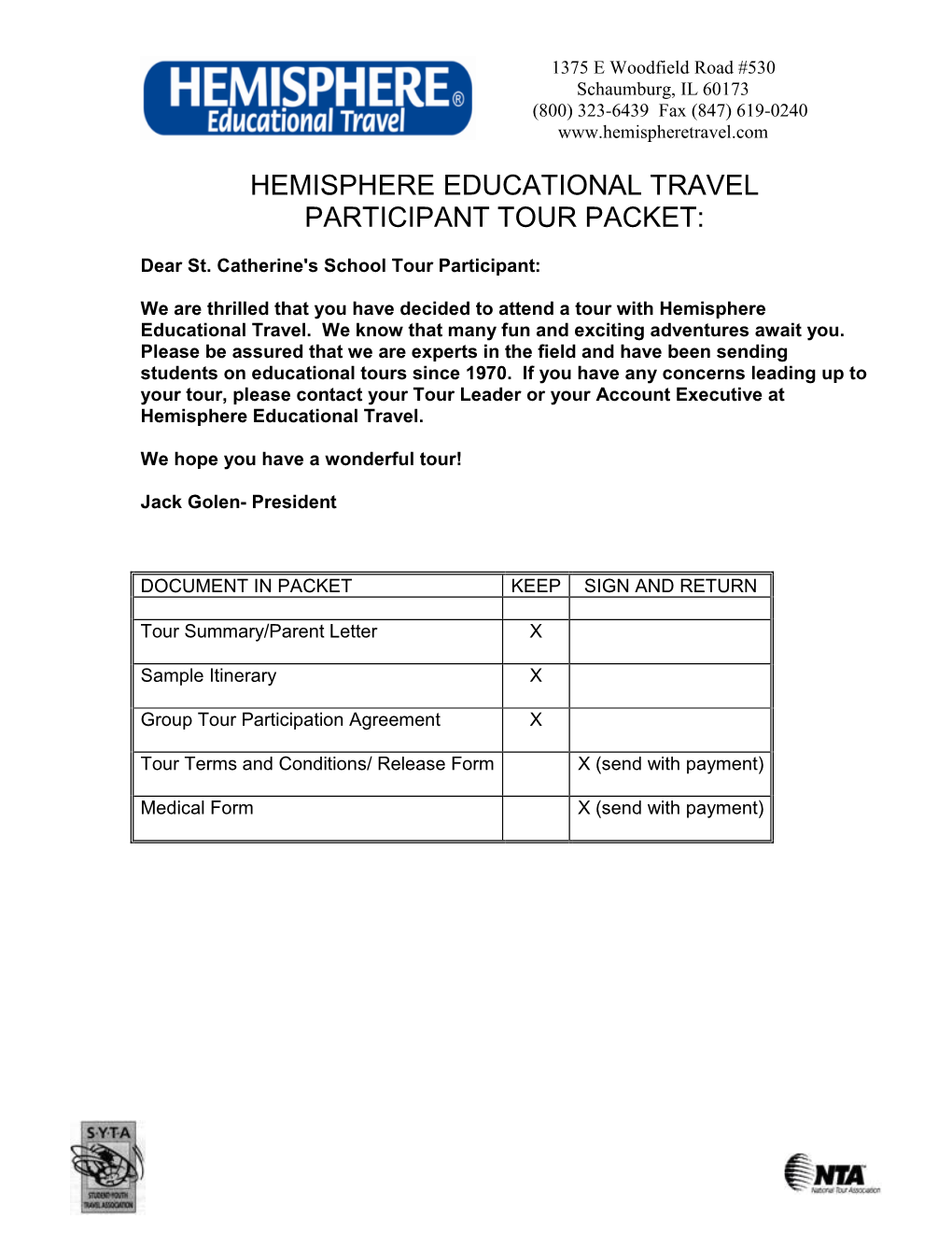 Hemisphere Educational Travel Participant Tour Packet