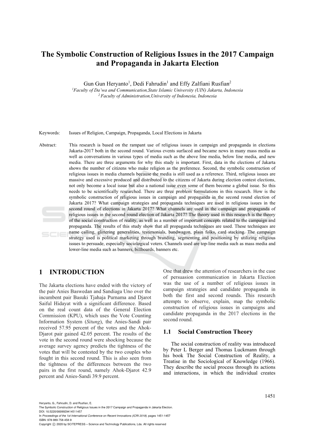 The Symbolic Construction of Religious Issues in the 2017 Campaign and Propaganda in Jakarta Election